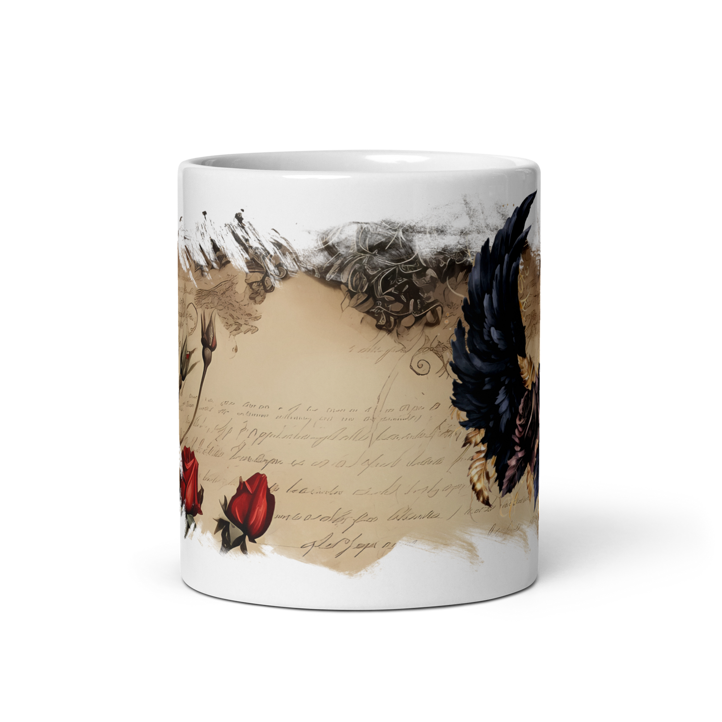 White glossy mug - goottisiivet ja ruusu