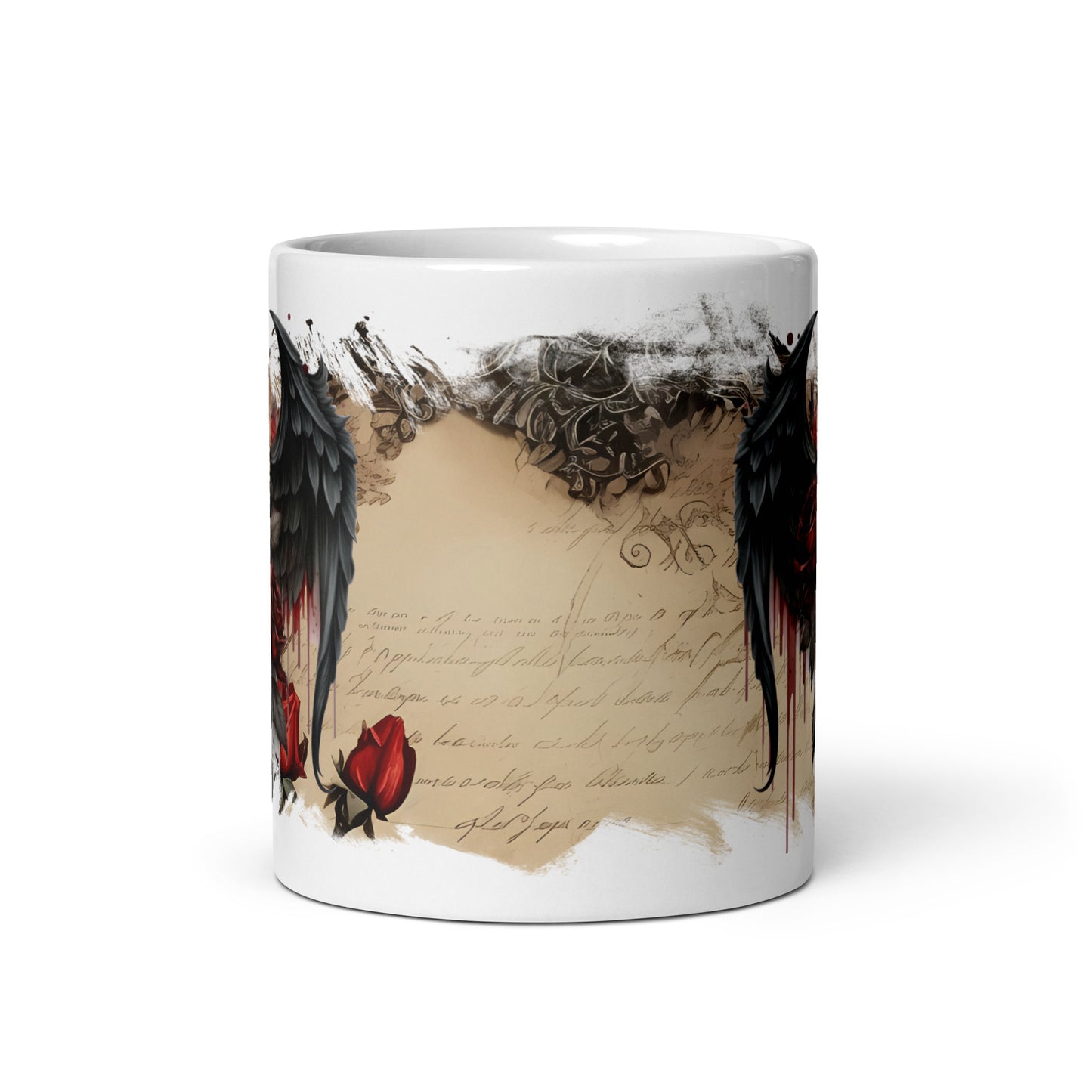 white glossy Mug - gothic wings and rose