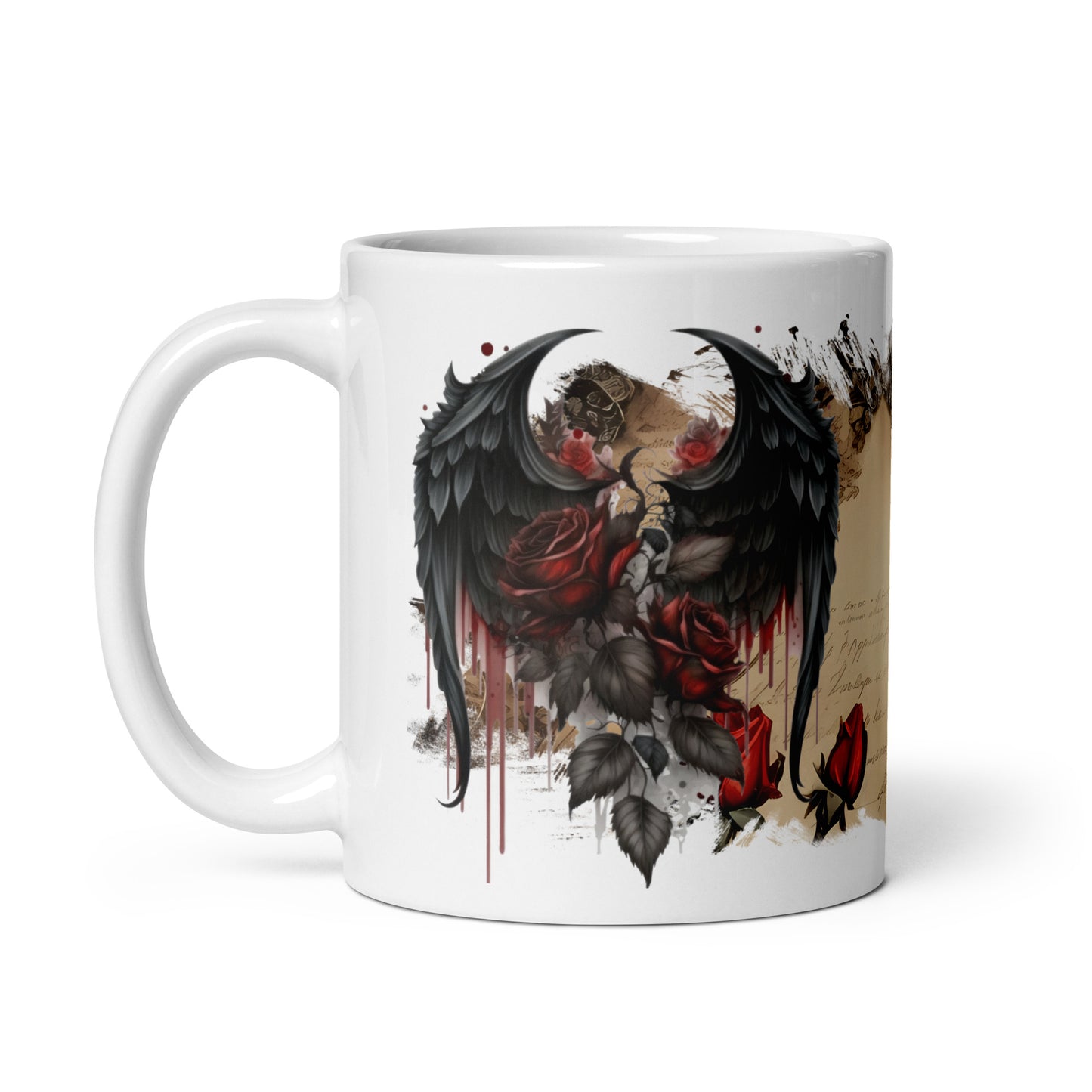 white glossy Mug - gothic wings and rose