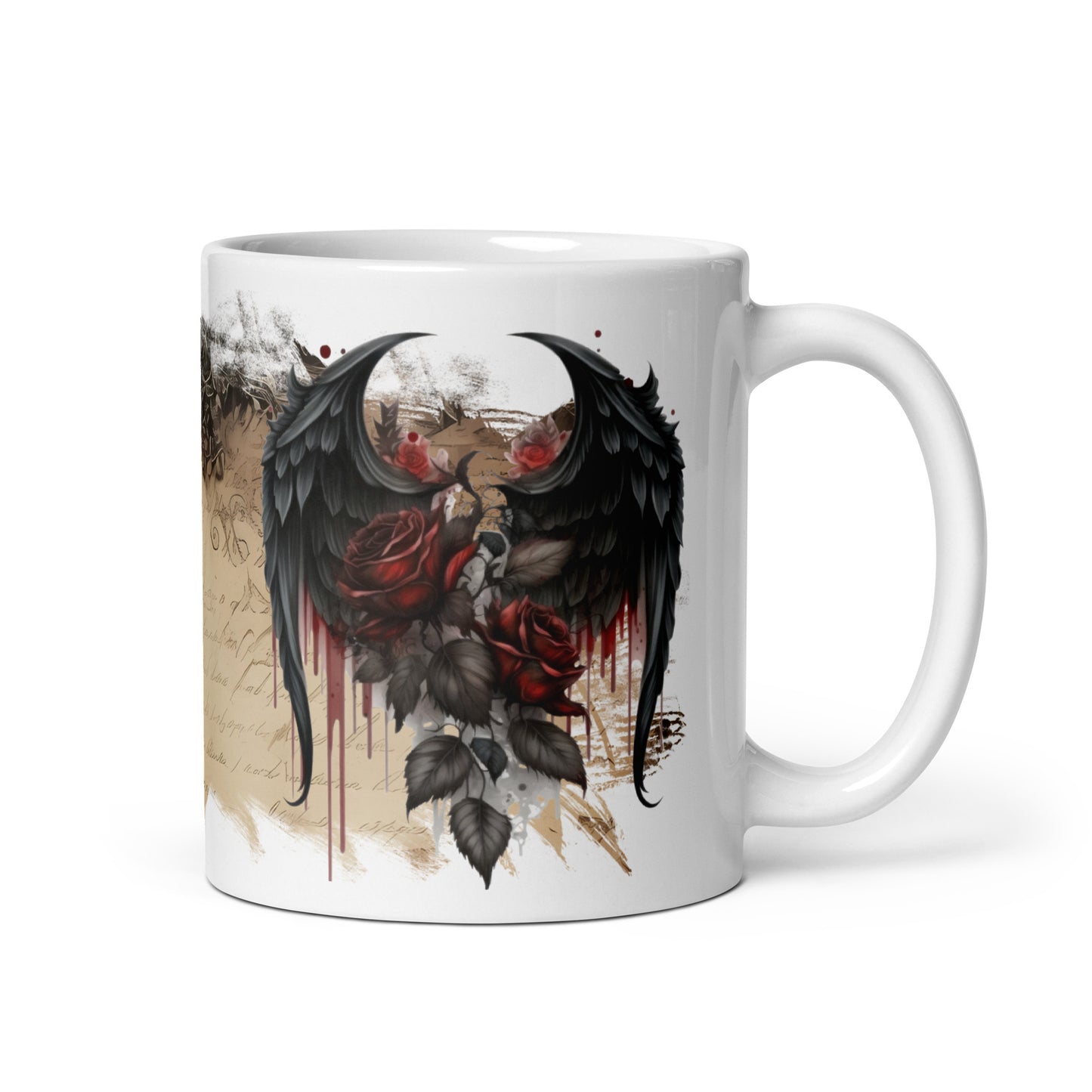 white glossy Mug - gothic wings and rose