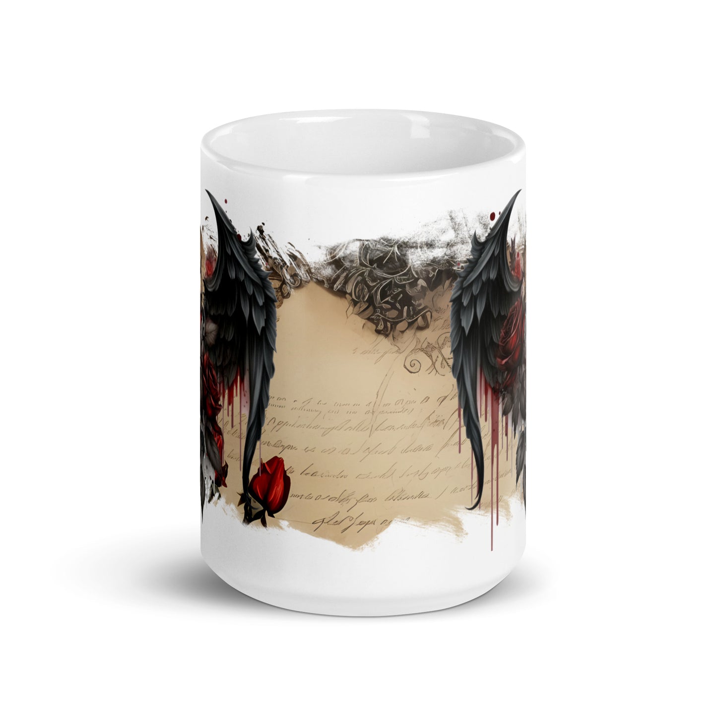 white glossy Mug - gothic wings and rose