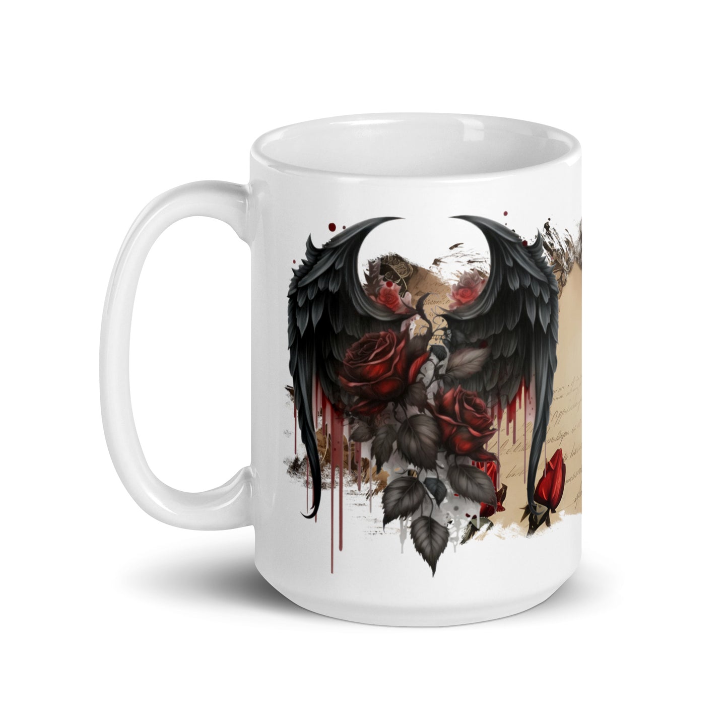 white glossy Mug - gothic wings and rose