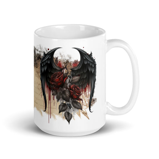 white glossy Mug - gothic wings and rose