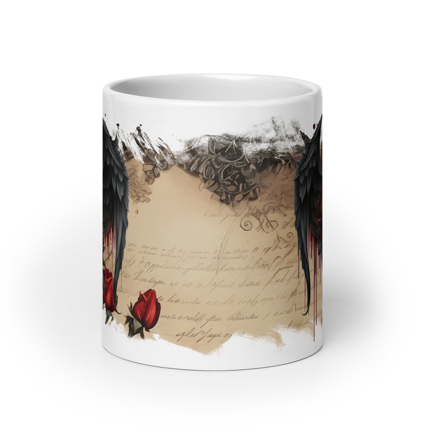 white glossy Mug - gothic wings and rose