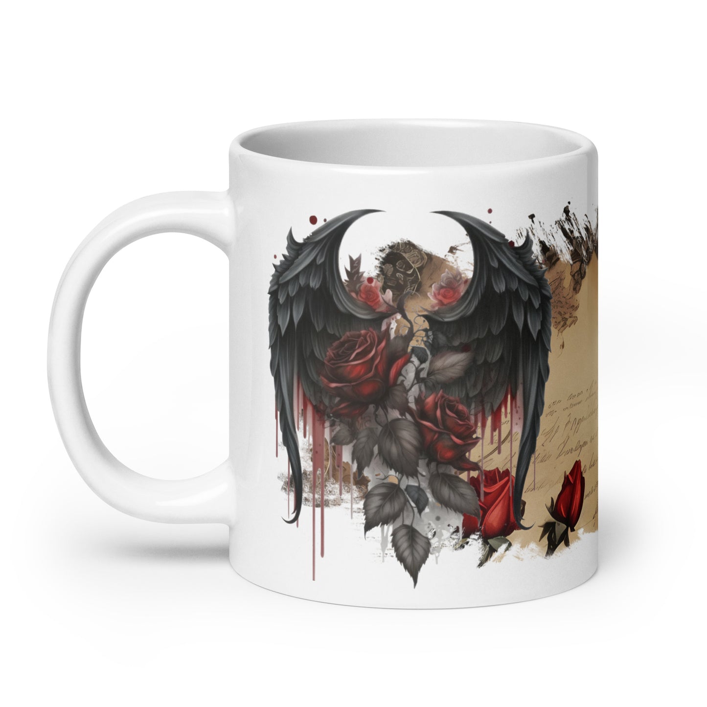 white glossy Mug - gothic wings and rose