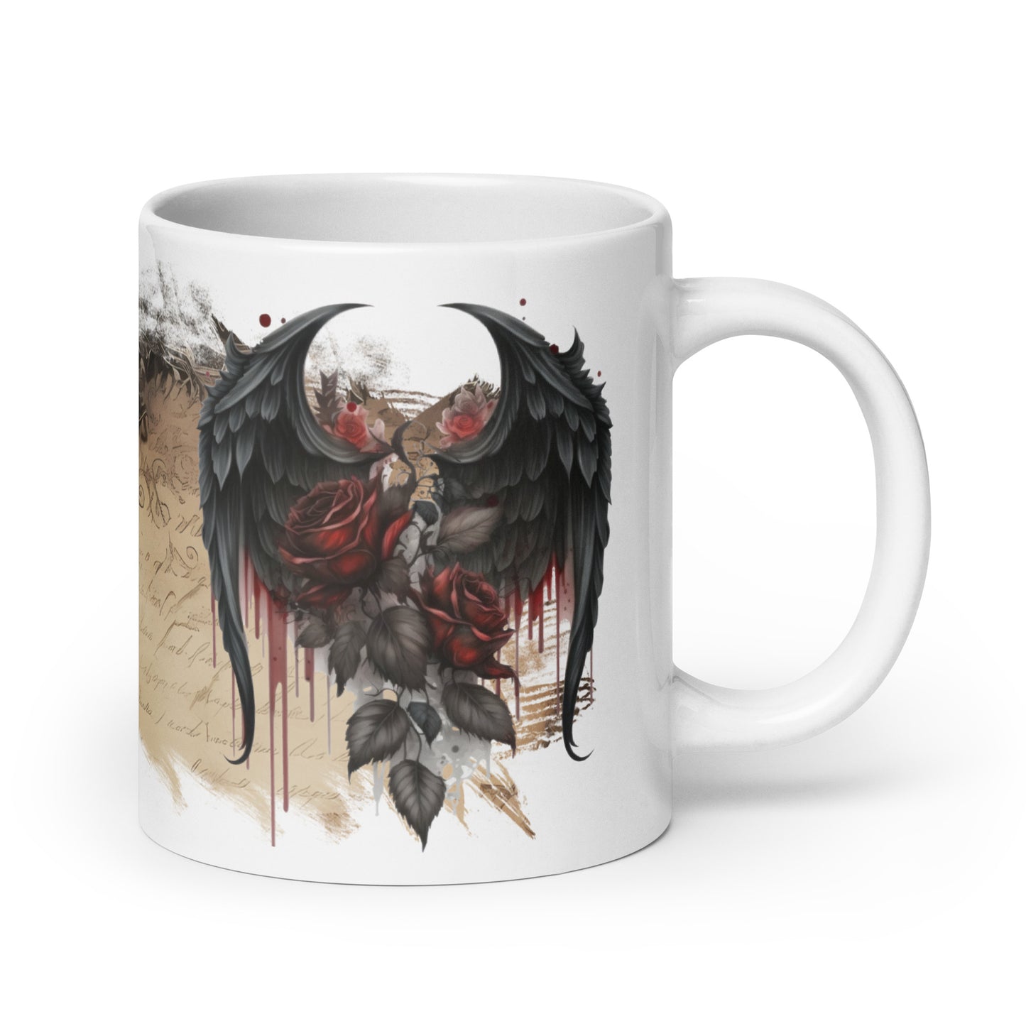 white glossy Mug - gothic wings and rose